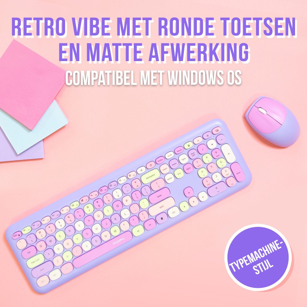 Retro Toetsenbord en Muis Set Draadloos - Paars