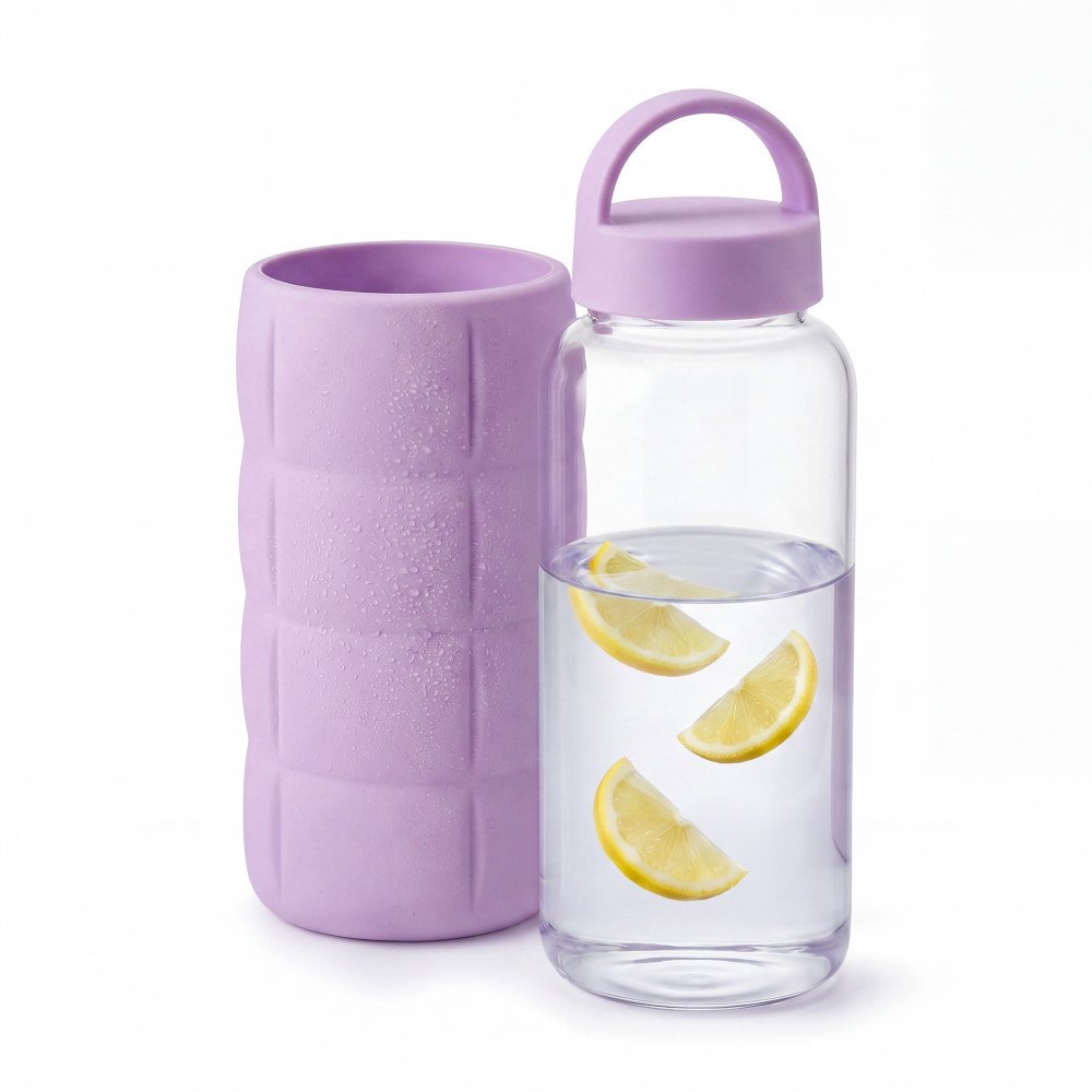 Glazen Waterfles - met Siliconen Hoes - Paars