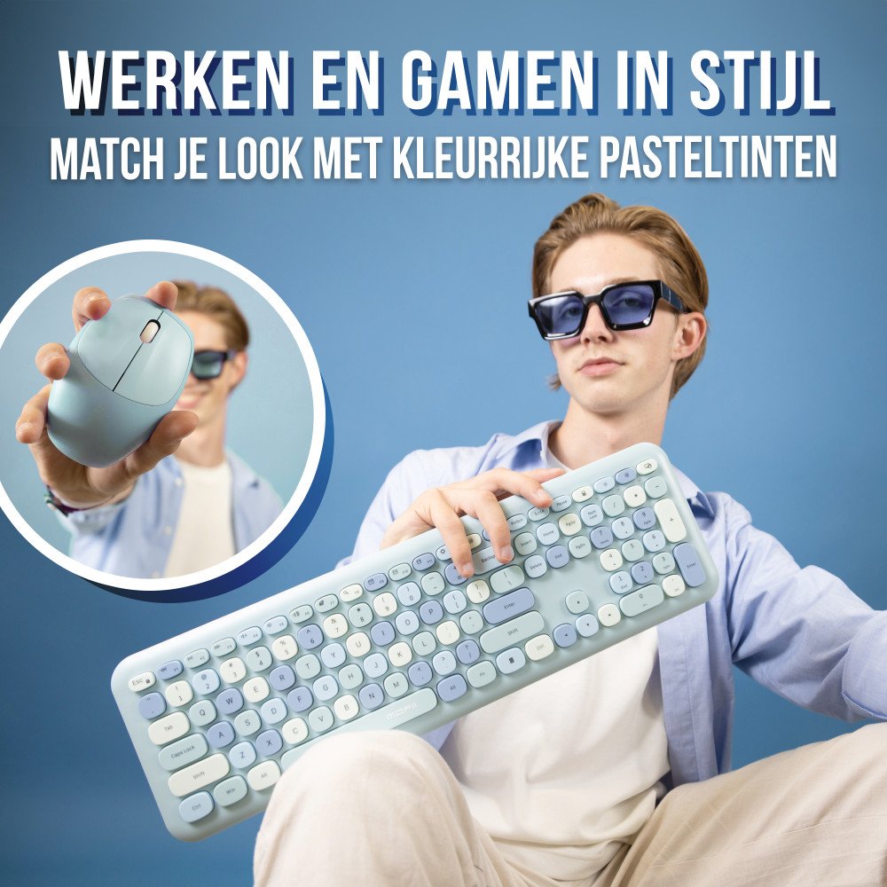 Retro Toetsenbord en Muis Set Draadloos - Blauw